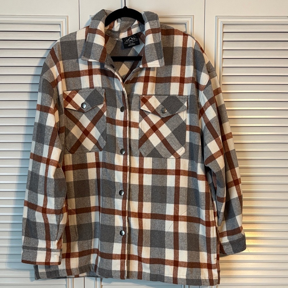 HFX Women’s Gray and Brown Plaid Button-Up Heavy Flannel Shacket XL